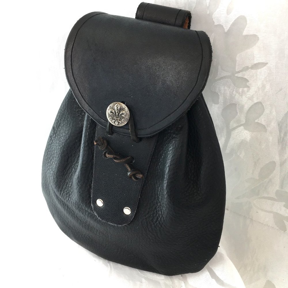 SPORRAN Vtg Handcrafted Blk Leather Renaissance Celtic LARP NOS